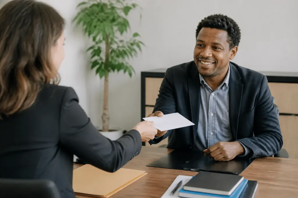 Entrepreneur recevant cheque capital creation entreprise bureau