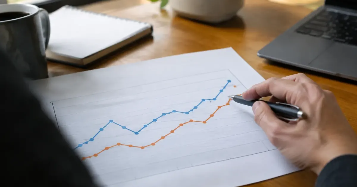 Graphique croisant deux courbes representant ventes et depenses