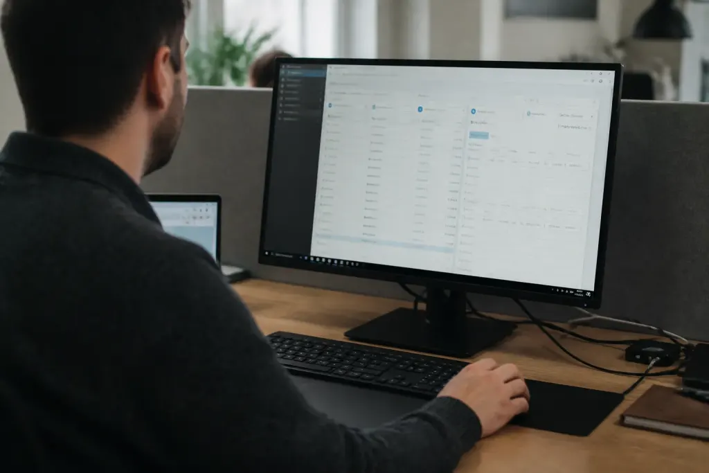 Ecran ordinateur montrant interface CRM donnees clients