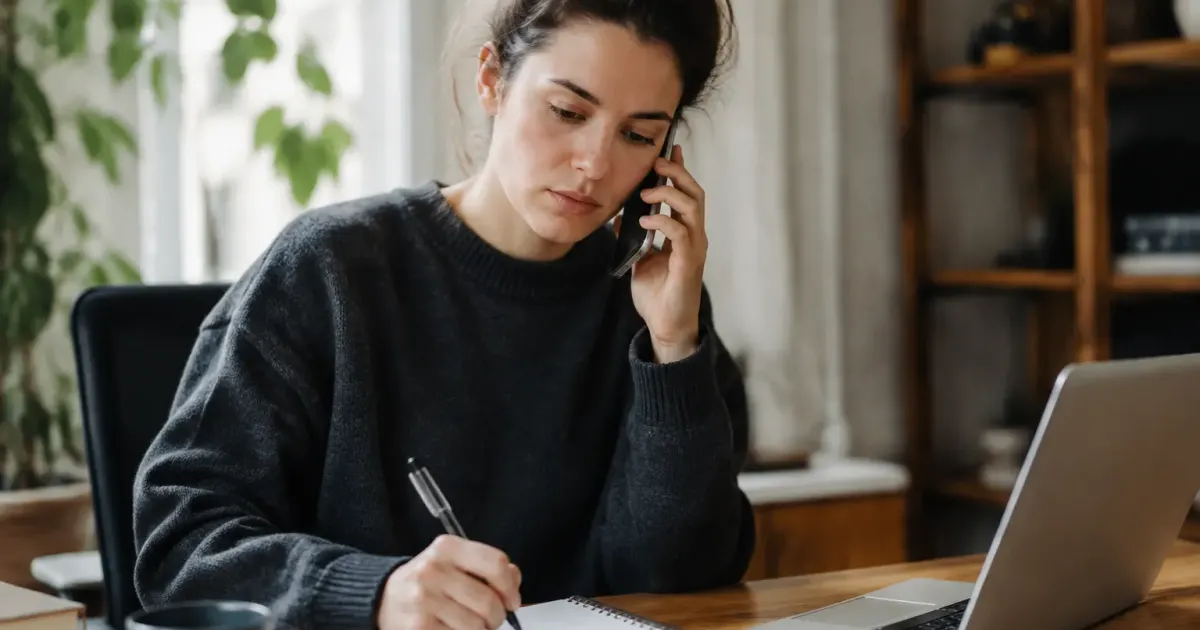 Professionnel prenant notes lors appel telephonique avec nouveau client