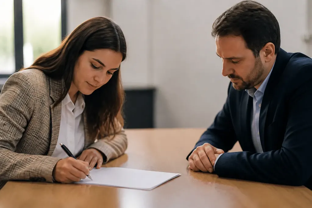 Deux personnes signent document rupture conventionnelle à bureau
